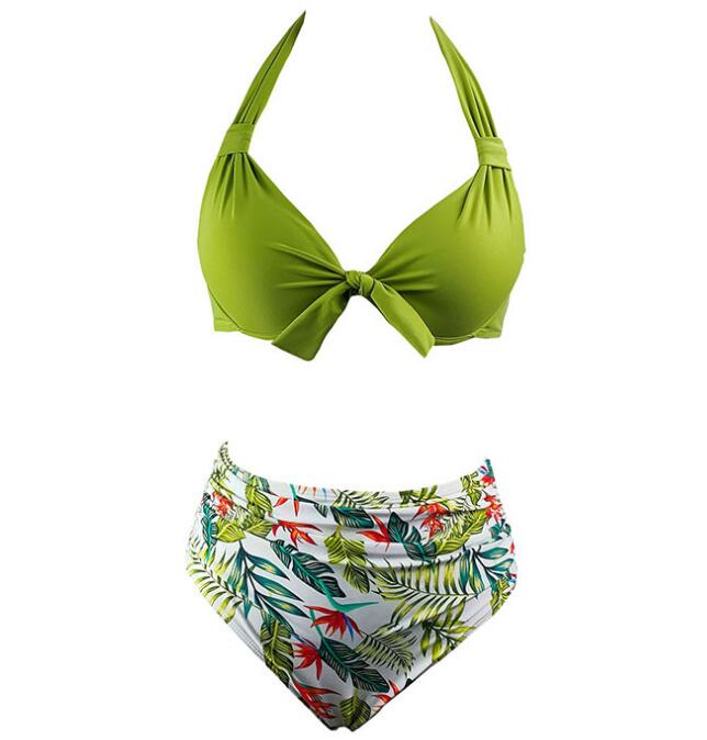 Chartreuse 1960S Tropical Tie Halter Swimsuit